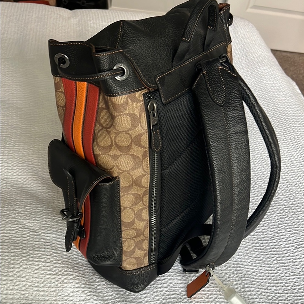Coach Men's Tan and Black Backpack with Orange Stripes - Picture 3 of 3